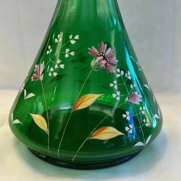 Victorian Glass Bohemian Green Floral Decanter Hand Painted - Picture 2 of 6